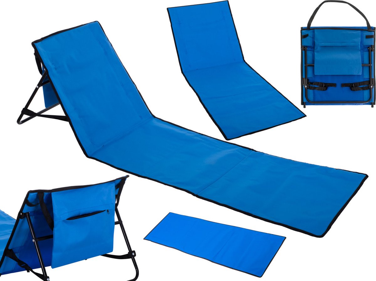 Strandmat met Rugleuning en Opbergvak Ligbed - Strandstoel - Opvouwbaar - Inklapbaar - Draagbaar - Tas - Blauw — cadeau in Sport & Outdoor - foto 8