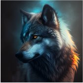 Poster Glanzend – Opzijkijkende Wolf in Blauw Licht met Feloranje Ogen - 50x50 cm Foto op Posterpapier met Glanzende Afwerking