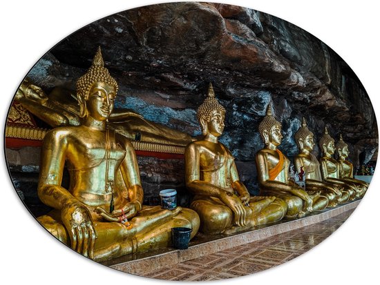 Dibond Ovaal - Rijen Gouden Boeddha's in Wat Tham Khuha Sawan Tempel in Thailand - 68x51 cm Foto op Ovaal (Met Ophangsysteem)