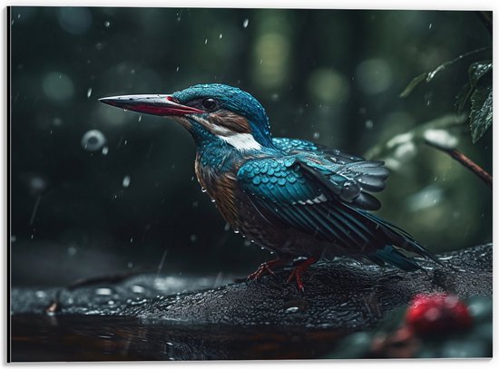 Dibond - Blauw - Witte Vogel in de Regen - 40x30 cm Foto op Aluminium (Wanddecoratie van metaal)