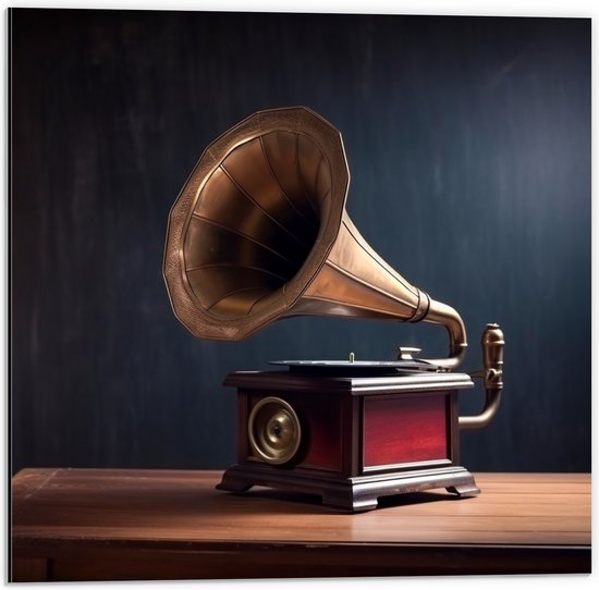 Dibond - Antieke Grammofoon op Kast - 50x50 cm Foto op Aluminium (Wanddecoratie van metaal)