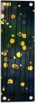 Tuinposter – Gele Lichtvlekjes aan Zwart Lichtgordijn - 20x60 cm Foto op Tuinposter (wanddecoratie voor buiten en binnen)