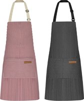 Set van 2 kookschorten voor dames, keukenschort met 2 zakken voor koken, bakken, schilderen, huishoudelijk werk (zwarte krijtstrepen/roze krijtstrepen)