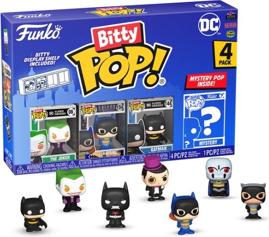 Funko Bitty Pop! 4-Pack doos met The Joker, Batgirl, Batman en mystery pop, met figuren uitgestald.