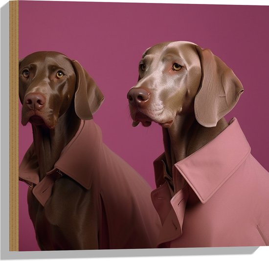 Hout - Twee Bruine Duitse Dog Honden in Roze Overhemden tegen Roze Achtergrond - 50x50 cm - 9 mm dik - Foto op Hout (Met Ophangsysteem)