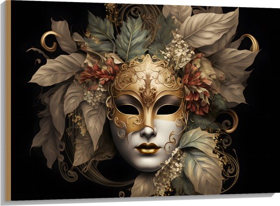 Hout - Venetiaanse carnavals Masker met Gouden en Beige Details tegen Zwarte Achtergrond - 100x75 cm - 9 mm dik - Foto op Hout (Met Ophangsysteem)