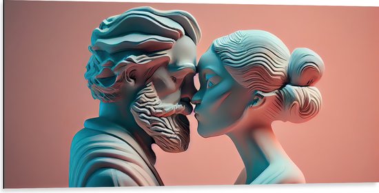 Dibond - Twee Liefdevolle Gipsen Beelden tegen Roze Achtergrond - 100x50 cm Foto op Aluminium (Wanddecoratie van metaal)