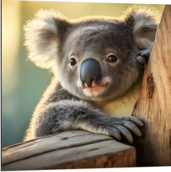 Dibond - Aandoenlijke Koala van Achter Boom - 80x80 cm Foto op Aluminium (Met Ophangsysteem)