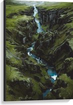 Canvas - Bergen - Rivier - Water - Gras - Groen - 60x90 cm Foto op Canvas Schilderij (Wanddecoratie op Canvas)