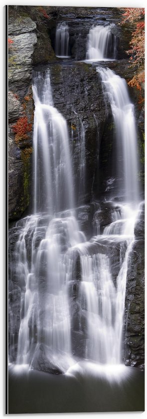 Dibond - Berg - Waterval - Water - Bomen - 20x60 cm Foto op Aluminium (Met Ophangsysteem)