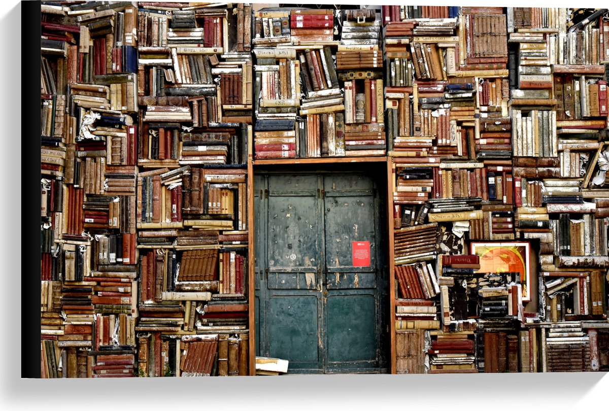 Canvas - Deur in Boekenkast - 60x40 cm Foto op Canvas Schilderij (Wanddecoratie op Canvas)