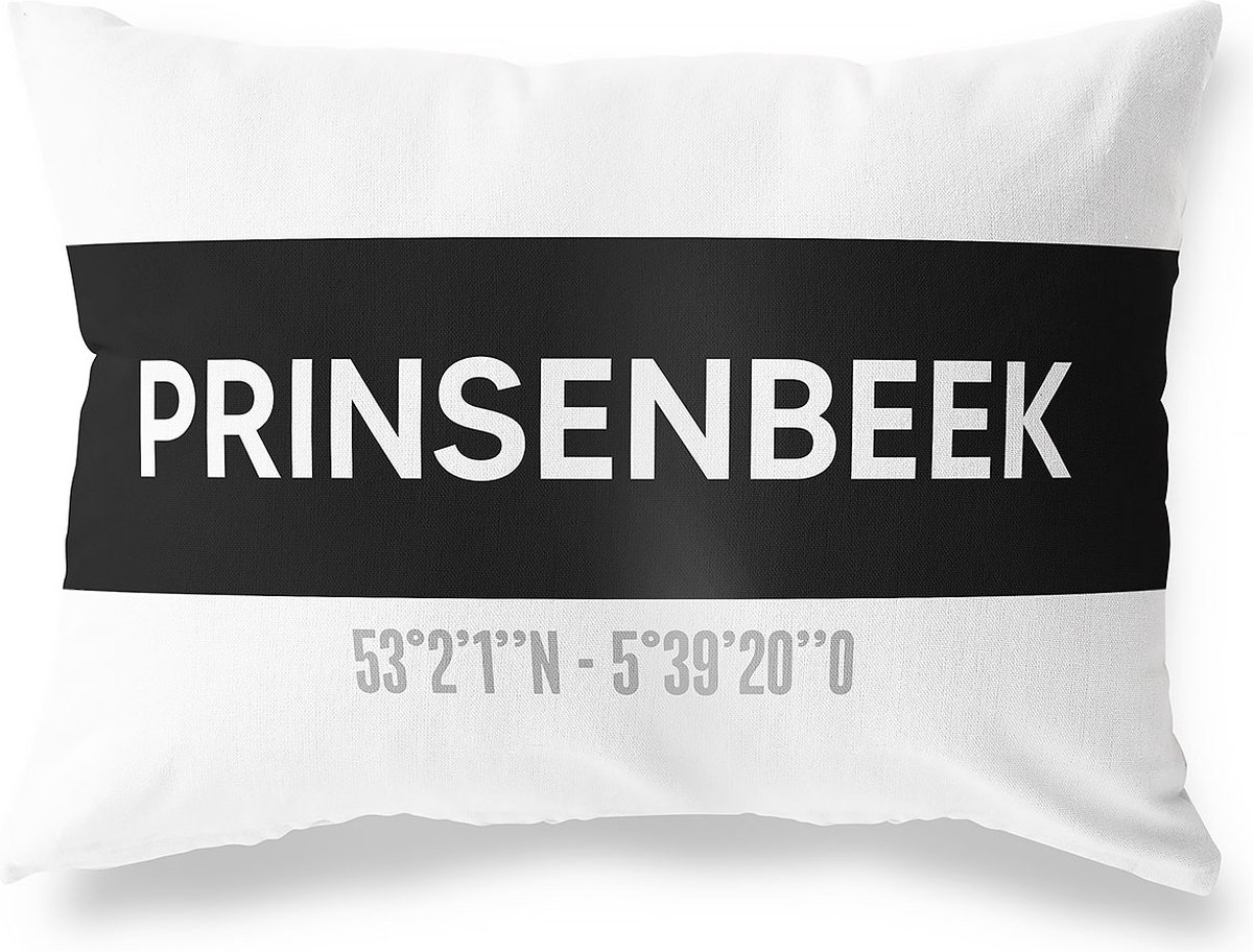 Tuinkussen PRINSENBEEK - NOORD-BRABANT met coördinaten - Buitenkussen - Bootkussen - Weerbestendig - Jouw Plaats - Studio216 - Modern - Zwart-Wit - 50x30cm