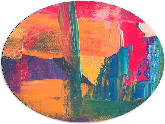 Dibond Ovaal - Abstract Kunstwerk in Oranje, Blauwe en Roze Tinten - 96x72 cm Foto op Ovaal (Met Ophangsysteem)
