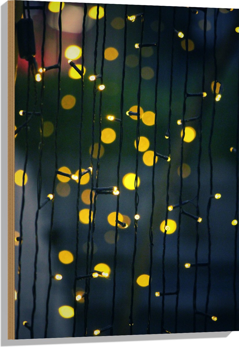 Hout - Gele Lichtvlekjes aan Zwart Lichtgordijn - 60x90 cm - 9 mm dik - Foto op Hout (Met Ophangsysteem)