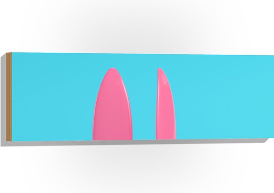 Hout - Twee Roze Surfboads tegen Felblauwe Achtergrond - 90x30 cm - 9 mm dik - Foto op Hout (Met Ophangsysteem)