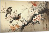 Vlag - Tekening van Tak met Vogels en Bloemen - 120x80 cm Foto op Polyester Vlag