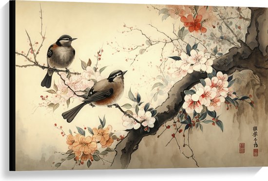 Canvas - Tekening van Tak met Vogels en Bloemen - 90x60 cm Foto op Canvas Schilderij (Wanddecoratie op Canvas)