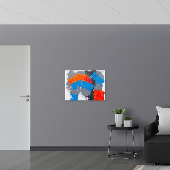 Muursticker - Oranje, Rode Blauwe en Grijze Verfvlekken op Witte Achtergrond - 80x60 cm Foto op Muursticker