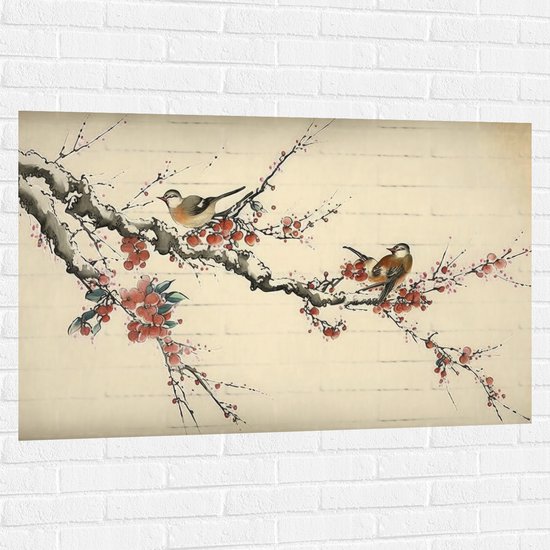 Muursticker - Tekening van Vogeltjes op Smalle Tak met Rode Bloemen - 120x80 cm Foto op Muursticker