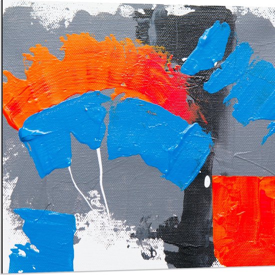 Dibond - Oranje, Rode Blauwe en Grijze Verfvlekken op Witte Achtergrond - 80x80 cm Foto op Aluminium (Wanddecoratie van metaal)