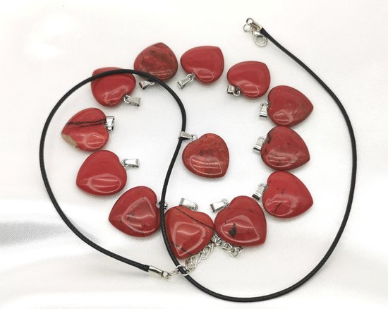 Edelsteen - Rode jaspis - hartje Hanger met - gratis - zwart - wax koord Ketting - Edelsteen Ketting - 45cm + 5cm Verstelbaar - Cadeautje Voor Hem en Haar