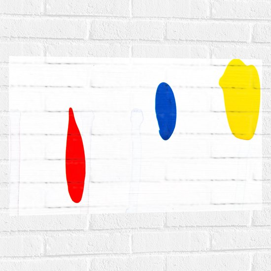Muursticker - Rode, Blauwe en Gele Vlek op Witte Achtergrond - 75x50 cm Foto op Muursticker