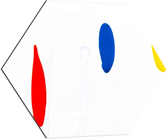 Dibond Hexagon - Rode, Blauwe en Gele Vlek op Witte Achtergrond - 70x60.9 cm Foto op Hexagon (Met Ophangsysteem)