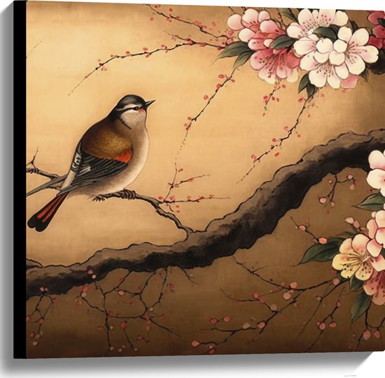 Canvas - Tekening van Vogeltje op Tak met Roze Bloemen - 60x60 cm Foto op Canvas Schilderij (Wanddecoratie op Canvas)