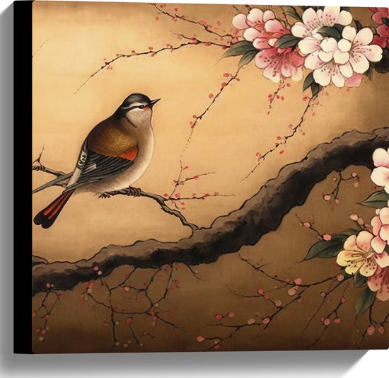 Canvas - Tekening van Vogeltje op Tak met Roze Bloemen - 40x40 cm Foto op Canvas Schilderij (Wanddecoratie op Canvas)
