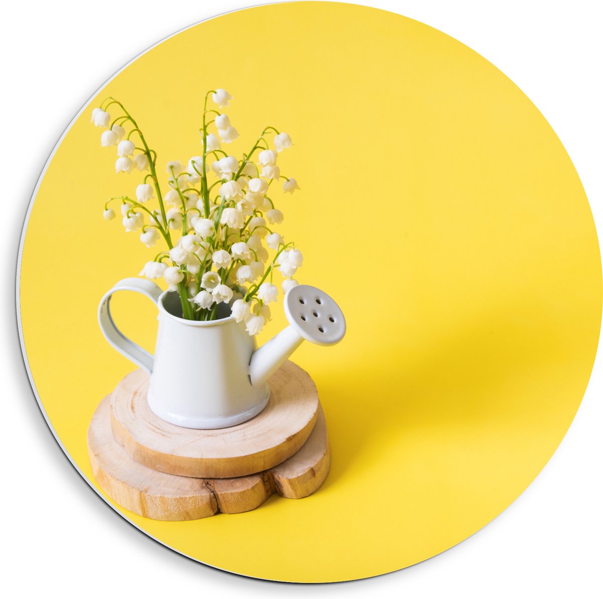 PVC Schuimplaat Muurcirkel - Boeket in Gieter met Gele Achtergrond - 40x40 cm Foto op Muur