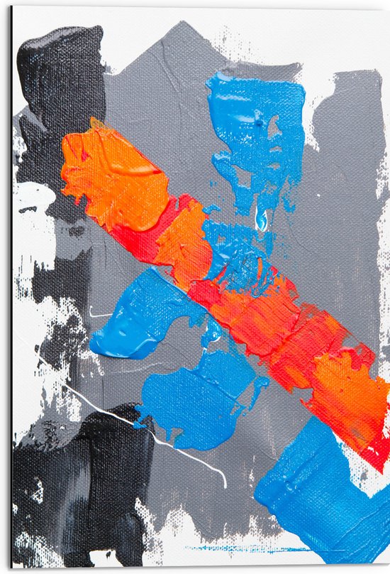 Dibond - Grijze, Blauwe en Oranje Verfvakken op Witte Achtrgrond - 50x75 cm Foto op Aluminium (Wanddecoratie van metaal)