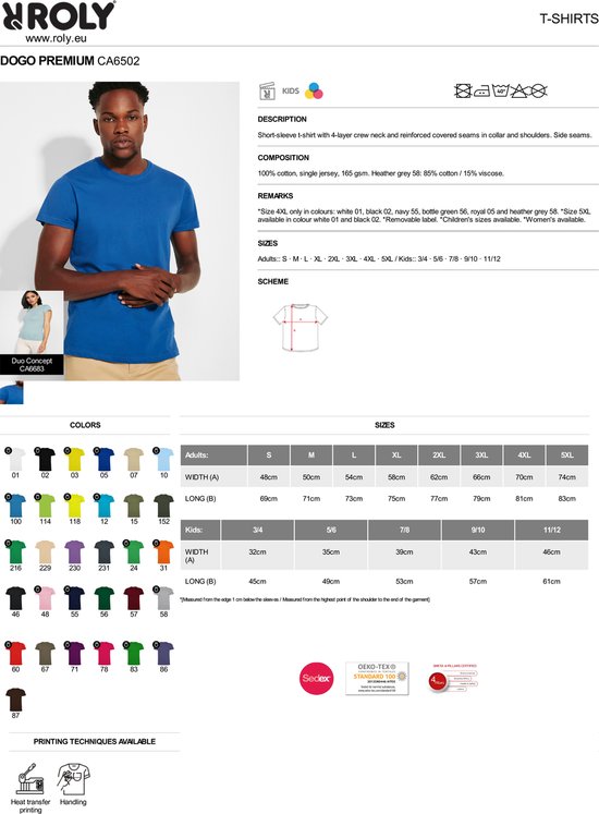 Lot de 5 T-Shirt Homme Roly Dogo Premium 100% coton Col rond Grijs Taille XXL