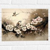 Muursticker - Tekening van Vogels Vliegend bij Tak met Bloemen - 40x30 cm Foto op Muursticker