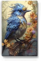 Blauwe vogel met bloemen - Laqueprint - 19,5 x 30 cm - Niet van echt te onderscheiden handgelakt schilderijtje op hout - Mooier dan een print op canvas. - LP346