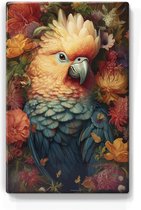 Blauwe papegaai met bloemen 1 - Laqueprint - 19,5 x 30 cm - Niet van echt te onderscheiden handgelakt schilderijtje op hout - Mooier dan een print op canvas. - LP336