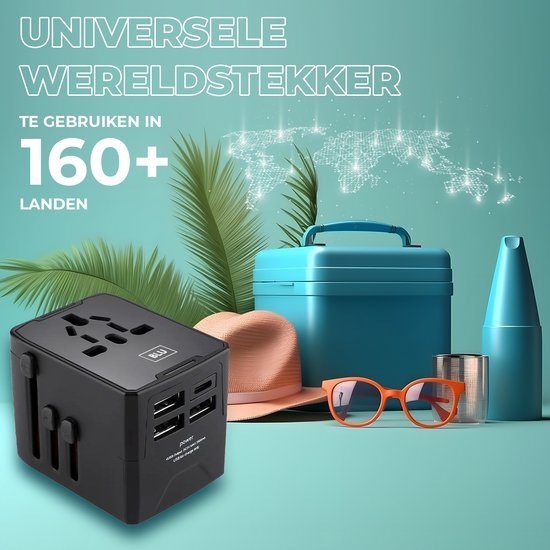 BLU Universele Wereldstekker met USB-C en 3 USB poorten - 160+ landen - Reisstekker Wereld - Zwart