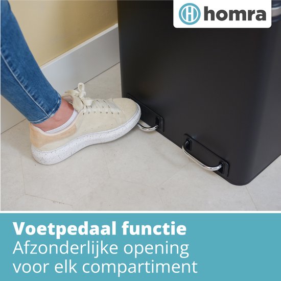 Poubelle à tri sélectif Homra SPARQ avec 3 compartiments - Contenu 3 x 18 L - Poubelle trio à pédale en noir - Poubelle 54 litres