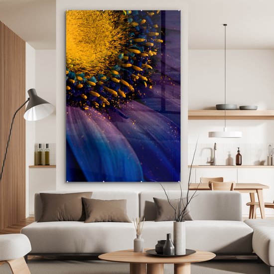 Peinture sur verre - Tournesol - Pétales - Violet - Jaune - Nature morte - Photo sur verre - 120x180 cm - Peinture sur verre - Décoration murale