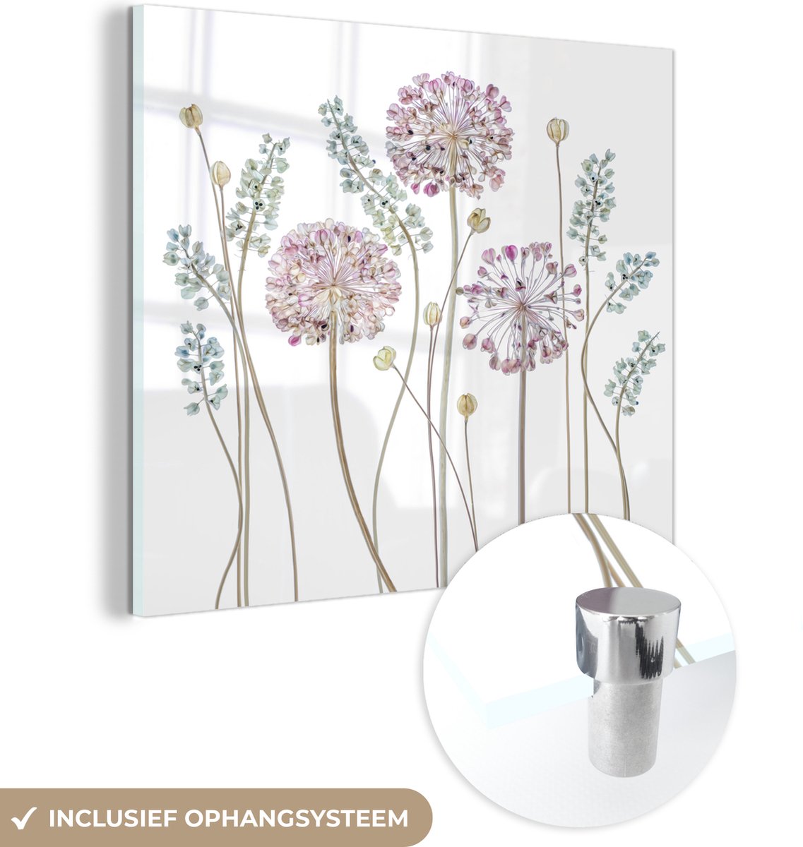 Glasschilderij - Bloemen - Verf - Pastel - Natuur - Foto op glas - Schilderij glas - 50x50 cm - Muurdecoratie