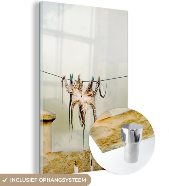 Glasschilderij - Waslijn - Octopus - Doek - Wasknijpers - Schilderij glas - 80x120 cm - Wanddecoratie - Foto op glas