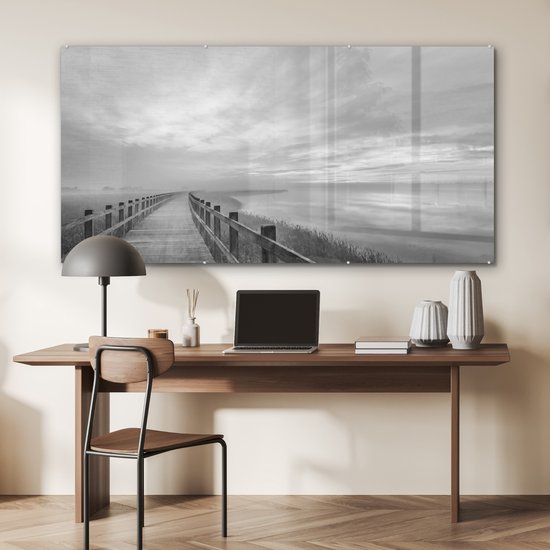 Peinture sur verre - Pont - Mer - Zwart - Wit - Nature - Peinture sur Verres - 160x80 cm - Photo sur verre - Décoration murale