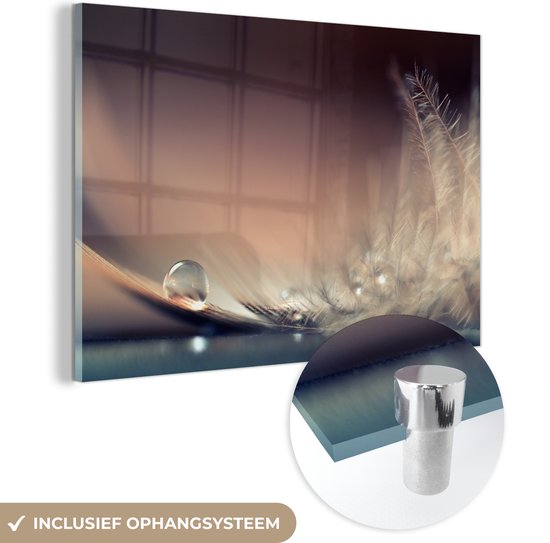 Peinture sur verre - Plume - Goutte d'eau - Nature morte - Peinture sur verre - Décoration murale - 60x40 cm - Décoration murale - Photo sur verre