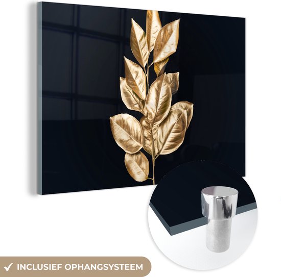 MuchoWow® Glasschilderij 60x40 cm - Schilderij acrylglas - Plant - Bladeren - Goud - Zwart - Luxe - Foto op glas - Schilderijen