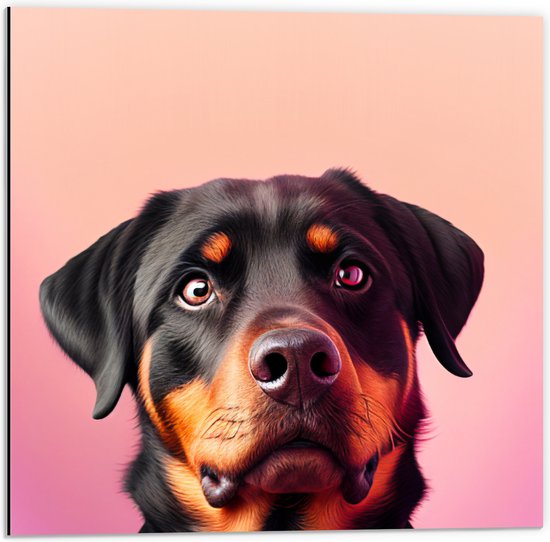 Dibond - Opkijkende Rottweiler Hond tegen Rozekleurige Achtergrond - 50x50 cm Foto op Aluminium (Wanddecoratie van metaal)