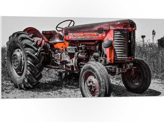 PVC Schuimplaat- Oude Verroeste Zwart-witte Tractor in het Weiland met Rode Details - 100x50 cm Foto op PVC Schuimplaat