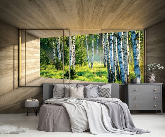 Papier peint avec une vue fenêtre 3D sur une forêt de bouleaux, dans une chambre.