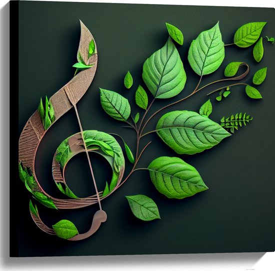 Canvas - Muzieknoot Versierd met Groene Bladeren - 60x60 cm Foto op Canvas Schilderij (Wanddecoratie op Canvas)