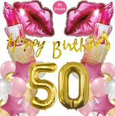 Snoes Mega Beauty Helium Ballonnen Set 50 Jaar - Roze Helium Folieballonnen - Slinger Happy Birthday Goud