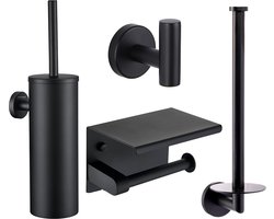 Toiletset Zwart 4-delig - Toiletaccessoireset - Toiletborstelhouder - Toiletrolhouder met plankje - Reserverolhouder - Handdoekhaak - RVS