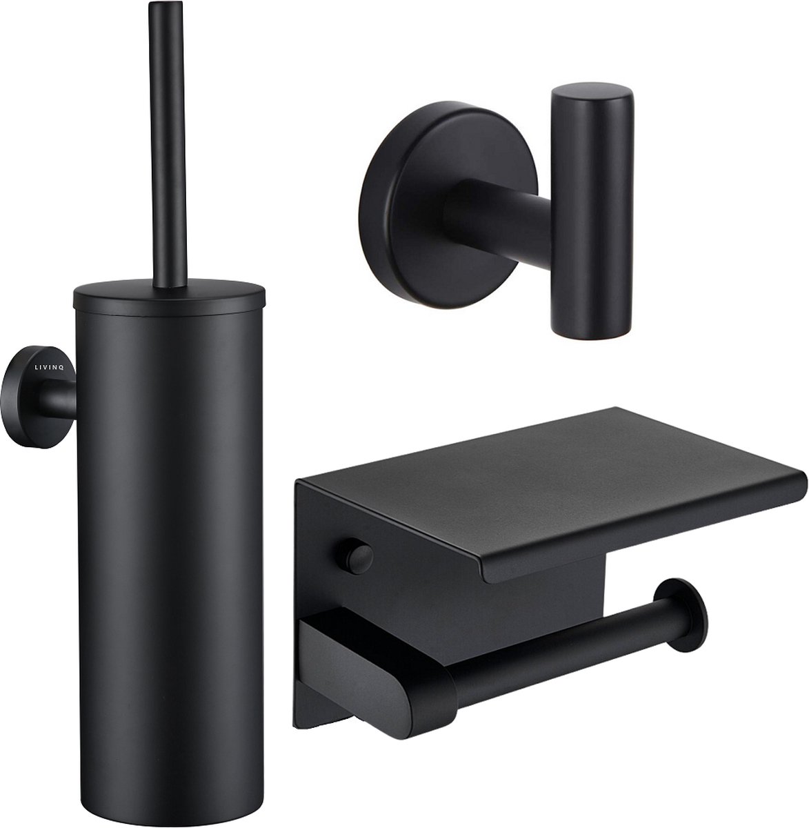 Toiletaccessoireset Zwart 3-delig - Toiletborstelhouder - Toiletborstel met Houder - Toiletrolhouder met Plankje - Handdoekhaak